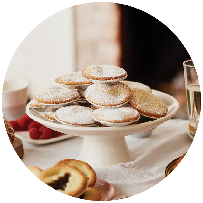 Stacks of Banjo's Traditional Fruit Mince Tarts on a cake stand